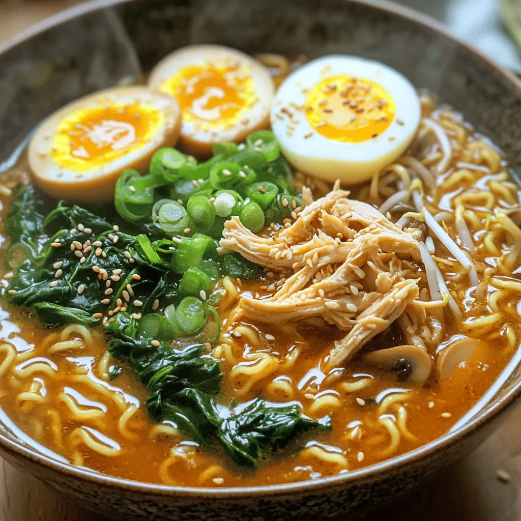 - 2 boneless, skinless chicken thighs - 4 cups chicken broth - 2 packs of instant ramen noodles - 1 tablespoon sesame oil - 1 tablespoon chili paste - 2 soft-boiled eggs - Sesame seeds for garnish - 2 cloves garlic, minced - 1 teaspoon fresh ginger, grated - 2 green onions, finely chopped - 1 cup baby spinach - 1 cup sliced mushrooms To create this fiery chicken ramen, you need some key ingredients. First, the chicken thighs are the star of the dish. They give a nice, rich flavor. Chicken broth adds depth to the soup. Instant ramen noodles cook quickly and soak up all the tasty broth. Sesame oil adds a nutty taste. Chili paste gives the dish its heat. You can adjust how much you use based on your spice preference. For optional ingredients, soft-boiled eggs add creaminess. Sesame seeds make a lovely garnish. Use fresh garlic and ginger for a bold flavor. Green onions add a fresh crunch. Baby spinach and mushrooms give extra nutrition and color. These ingredients come together in a simple way to create a warm, inviting meal.To start, you need to sear the chicken thighs. First, heat sesame oil in a medium pot over medium heat. Season the chicken with salt and pepper. Place the chicken in the pot and cook for about 4-5 minutes on each side. You want them golden-brown and fully cooked. After cooking, remove the chicken and let it rest for a few minutes. Resting is key. It helps keep the chicken juicy. Next, it’s time to make the broth. In the same pot, add minced garlic and grated ginger. Sauté for about 30 seconds. You’ll know it’s ready when the mixture smells great. Now add the chicken broth and bring it to a gentle simmer. Mix in the chili paste to adjust the heat. You can add more or less based on your taste. Once the broth is simmering, it’s time for the veggies. Add sliced mushrooms and baby spinach. Cook for about 5 minutes. The spinach should wilt, and the mushrooms need to be tender. While that cooks, add the ramen noodles to the pot. Cook them in the broth for about 3-4 minutes. They should be tender. Now, your base is almost ready!To make your fiery chicken ramen just right, you can adjust the spice levels. Start with one tablespoon of chili paste. If you like it hotter, add more paste a little at a time. You can also try other ingredients for extra flavor. Add soy sauce for umami or lime juice for brightness. To ensure tender chicken, sear the thighs on medium heat. This gives them a nice crust and keeps them juicy. Let them rest before shredding. This step is key. For the noodles, cook them in the broth. This gives them a great flavor and the right texture. Follow the cooking time on the package, usually about three to four minutes. Serve your ramen in deep bowls to showcase the vibrant colors. Top each bowl with sliced green onions and sesame seeds for a pop of color. If using soft-boiled eggs, cut them in half and place them on top. This not only looks great but adds creaminess. For a final touch, drizzle a little sesame oil before serving. It makes the dish shine and smell amazing! {{image_4}} You can easily make a vegetarian version of this dish. Simply swap the chicken for tofu. Use firm tofu for the best texture. Press it first to remove excess water. Then, cut it into cubes. Sear the tofu in sesame oil until golden brown. The tofu will soak up the spicy broth, creating a rich flavor. You can also add more veggies, like bell peppers or carrots, for extra crunch. If you want to try different proteins, you have many options. Beef is a great choice; use thin slices of ribeye or flank steak. Cook it quickly in the hot broth for tender bites. Seafood lovers can add shrimp or fish. Just make sure to cook them for a short time. For a vegan option, consider using plant-based proteins like lentils or chickpeas. They will add protein and fiber to your meal. Everyone has different spice preferences. You can adjust the heat in your ramen easily. Start with a small amount of chili paste. Taste the broth before adding more. If you want it milder, use less chili paste or add coconut milk. For those who love heat, feel free to add hot sauce or extra chili flakes. You can even serve sliced jalapeños on the side for a spicy kick. Store any leftover fiery chicken ramen in an airtight container. Let it cool first. Place it in the fridge for up to three days. Keep the broth separate from the noodles if possible. This keeps the noodles from getting too soft. To reheat ramen, use a pot over low heat. Add a splash of broth or water to keep it moist. Stir gently to avoid breaking the noodles. Heat until warm, but do not boil. This helps to keep the texture nice. You can freeze fiery chicken ramen, but it’s best to freeze only the broth and chicken. Noodles don’t freeze well. Store broth in a freezer-safe container for up to three months. When you’re ready to eat, thaw it and cook fresh noodles. Enjoy the great taste anytime!To make your ramen hotter, you can add more chili paste. Start with one tablespoon and slowly add more. You can also throw in some sliced fresh chilies or a sprinkle of red pepper flakes. Another great option is to use spicy sesame oil instead of regular sesame oil. Taste as you go to find your perfect heat level. Yes, you can use many types of noodles in ramen! While instant ramen is quick, you can try fresh ramen noodles or udon noodles for a chewier bite. Soba noodles are a fun twist too! Just remember to adjust cooking times based on the noodle type you choose. Spicy foods have several health perks. They can boost your metabolism and may help with digestion. Capsaicin, found in chili peppers, may even reduce inflammation. Plus, spicy meals can make you feel full faster, which can help with portion control. Eating spicy foods can also add excitement to your meals! Fiery chicken ramen combines simple ingredients and bold flavors. From the chicken broth to the chili paste, each step adds depth. Don’t forget to customize with veggies or adjust spice levels. Remember, cooking techniques are key for a perfect bowl. Leftovers can be stored or reheated with care. Now, you have all the tools to create your own delicious ramen. Dive in and enjoy this fun, satisfying dish!