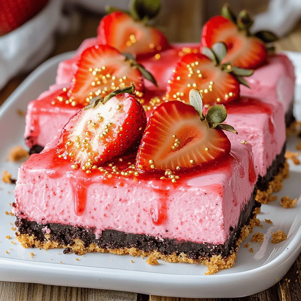 To make Golden Oreo Strawberry Cheesecake Bars, you will need: - 24 Golden Oreo cookies, finely crushed - 1/4 cup unsalted butter, melted - 16 oz cream cheese, softened to room temperature - 1 cup powdered sugar - 1 teaspoon pure vanilla extract - 1/2 cup sour cream - 1 cup fresh strawberries, pureed (set aside some for drizzling on top) - 1 cup whipped cream (store-bought or homemade) - Additional fresh strawberries for garnish - Optional: Gold sprinkles for an elegant touch I use fresh strawberries for the best flavor. Frozen strawberries work too but may change the texture. For the cream cheese, choose a high-fat brand. It makes the filling rich. If you