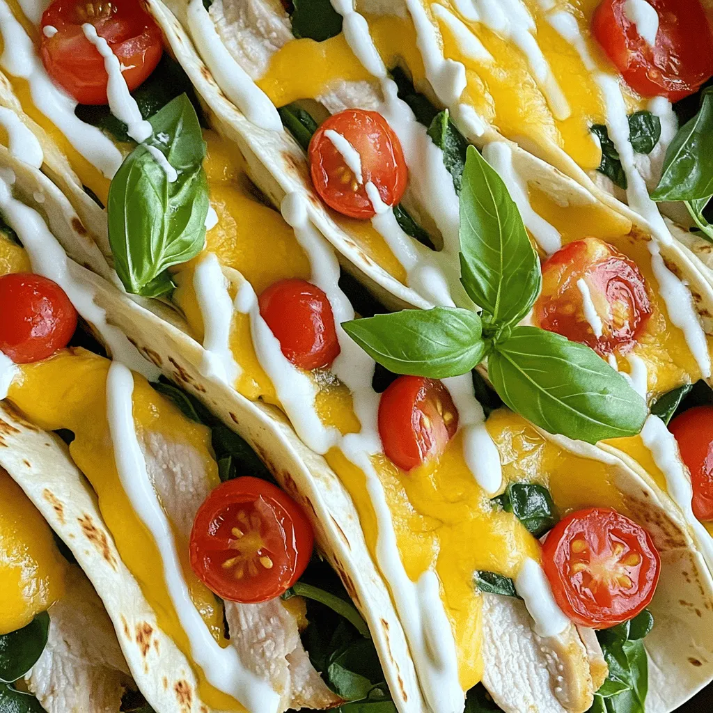 - 2 boneless, skinless chicken breasts - 1 cup shredded mozzarella cheese - 4 large whole wheat tortillas - 1/4 cup ranch dressing or sauce of your choice - Fresh basil leaves for garnish - 2 tablespoons extra virgin olive oil - 4 cloves garlic, finely minced - 1 teaspoon dried oregano - 1 teaspoon smoked paprika - Salt and pepper, to taste These ingredients create the base for your cheesy garlic chicken wraps. The chicken breasts add protein and flavor, while shredded mozzarella brings a creamy texture. Whole wheat tortillas provide a hearty wrap that holds everything together. For extra flavor, consider adding ranch dressing. It pairs well with the chicken and cheese. Fresh basil leaves add a nice touch and make your wraps look pretty. The spices are key. Extra virgin olive oil helps in cooking and adds richness. Garlic brings a strong aroma and taste, while oregano and smoked paprika add depth. Salt and pepper enhance all the flavors, bringing everything together. With these ingredients, you