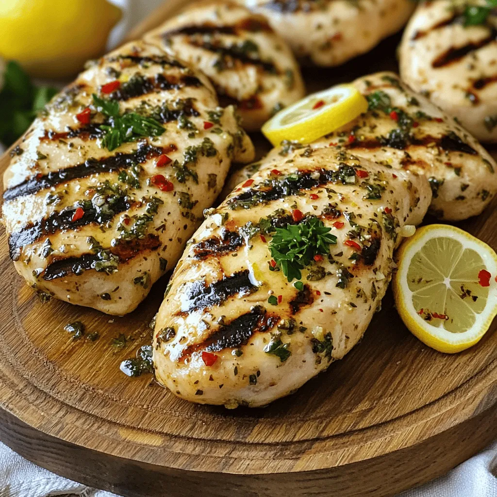 - 4 boneless, skinless chicken breasts - 1 cup fresh parsley, finely chopped - 1/2 cup extra virgin olive oil - 4 cloves garlic, minced - Zest of 1 lemon - Juice of 2 lemons - 1 teaspoon red pepper flakes - Salt and freshly ground pepper, to taste - Lemon slices, for garnish To start, always choose fresh chicken for the best taste. Look for chicken breasts that are plump and pink. This ensures they will cook evenly and remain juicy. For the parsley, fresh herbs are key. Wash and dry them well before chopping. This keeps the flavors vibrant. Mince the garlic finely to blend well with the marinade, enhancing the dish