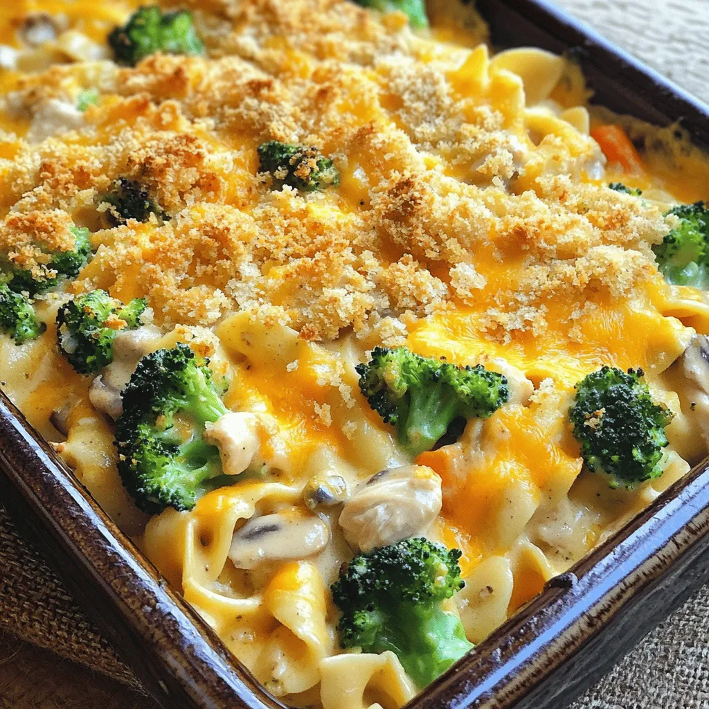 - 2 cups cooked chicken, shredded - 8 ounces egg noodles - 1 cup broccoli florets (fresh or frozen) - 1 cup diced carrots - 1 can cream of mushroom soup - 1 cup chicken broth